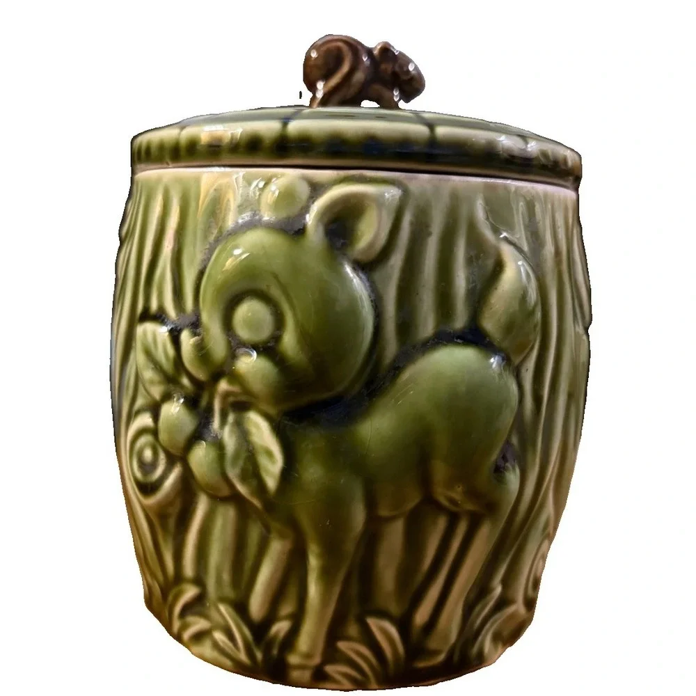 Woodland Deer Cookie Jar Ceramic Green Glaze Squirrel Lid Forest Canister Vtg